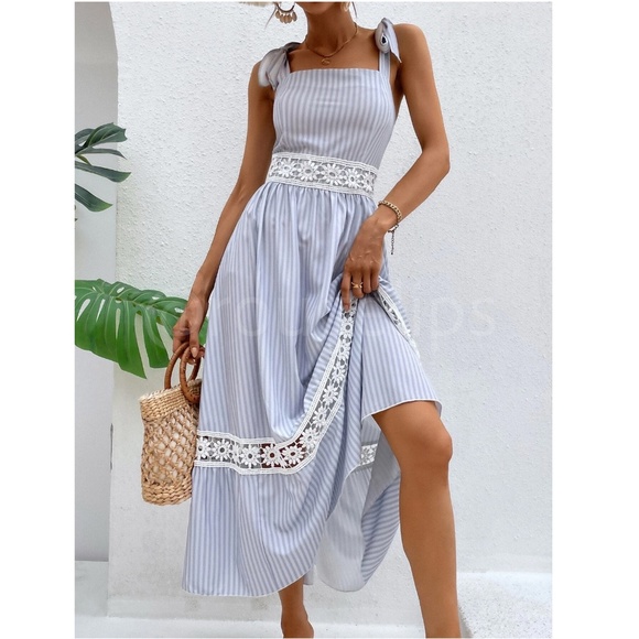 White Crochet Trim Striped Blue Maxi Dress Tie Straps Square Neck Flowy Flared - Picture 3 of 8